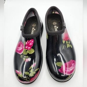 Sloggers Black Clogs with Pink Rose Pattern Waterproof Sz 7